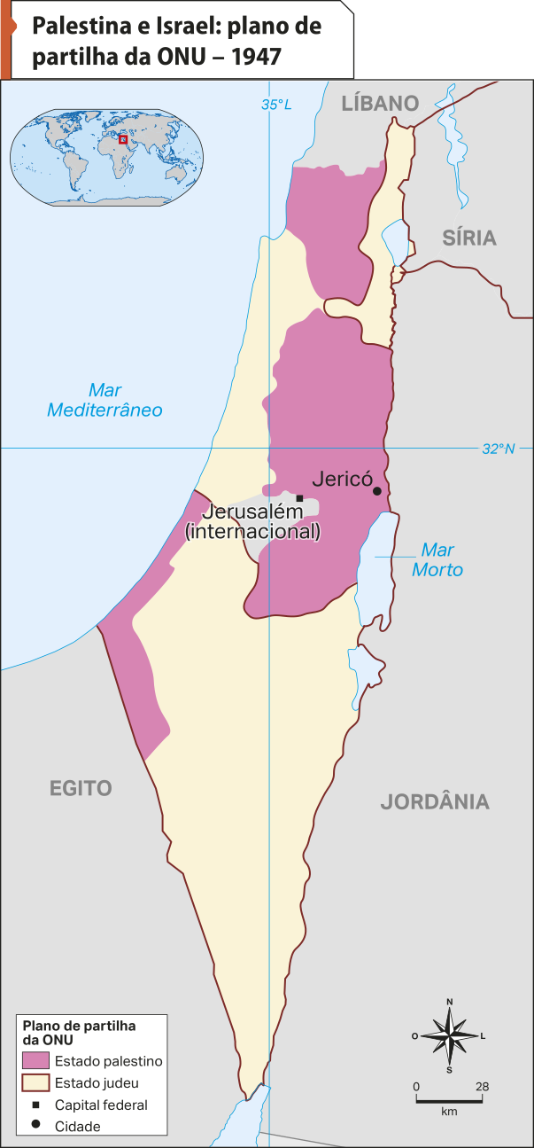 Mapa 'Palestina e Israel: plano de partilha da ONU – 1947'. Conforme a legenda, os dados são os seguintes: Plano de partilha da ONU. Estado palestino: áreas no norte, no leste e no sudoeste do território, onde está a cidade de Jericó. Estado judeu: localidades no norte, noroeste, centro-sul e sul do território. Capital federal: Jerusalém (internacional).