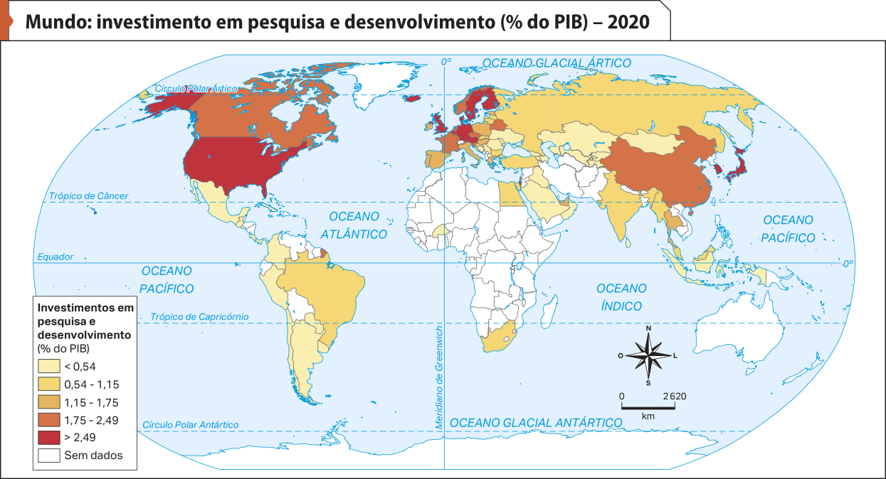 Mapa 'Mundo: investimento em pesquisa e desenvolvimento (percentual do Produto Interno Bruto) – 2020'. Conforme a legenda, os dados são os seguintes: Investimentos em pesquisa e desenvolvimento (percentual do Produto Interno Bruto). Maior que 0,54: México, Guatemala, Colômbia, Peru, Chile, Argentina, Uruguai, Paraguai, Burkina Faso, Ucrânia, Romênia, Cazaquistão, Mongólia, Arábia Saudita, Iraque, Omã e Indonésia. De 0,54 a 1,15: Brasil, África do Sul, Egito, Rússia, Turquia, Índia e Myanmar. De 1,15 a 1,75: Portugal, Espanha, Itália, Grécia, Polônia, Hungria e Tailândia. De 1,75 a 2,49: Canadá, França, áustria, Bielorrússia, China e Coreia do Sul. maior que 2,49: Estados Unidos, Reino Unido, Alemanha, Holanda, Suécia, Finlândia e Japão.