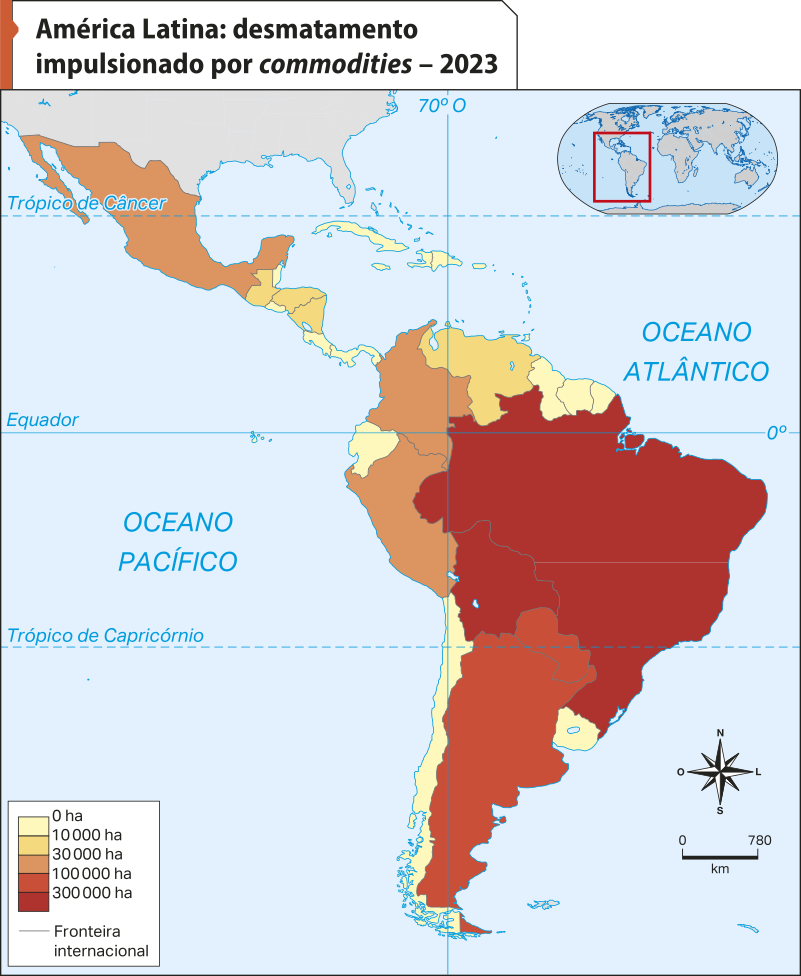 Mapa 'América Latina: desmatamento impulsionado por commodities – 2023'. Conforme a legenda, os dados são os seguintes: De zero a 10.000 hectares: Cuba, Haiti, República Dominicana, Belize, El Salvador, Costa Rica, Panamá, Guiana, Suriname, Guiana Francesa, Equador, Chile e Uruguai. De 10.000 a 30.000 hectares: Guatemala, Honduras, Nicarágua, Venezuela,  De 30.000 a 100.000 hectares: México, Colômbia e Peru. De 100.000 a 300.000 hectares: Argentina e Paraguai. Mais de 300.000 hectares: Brasil e Bolívia.