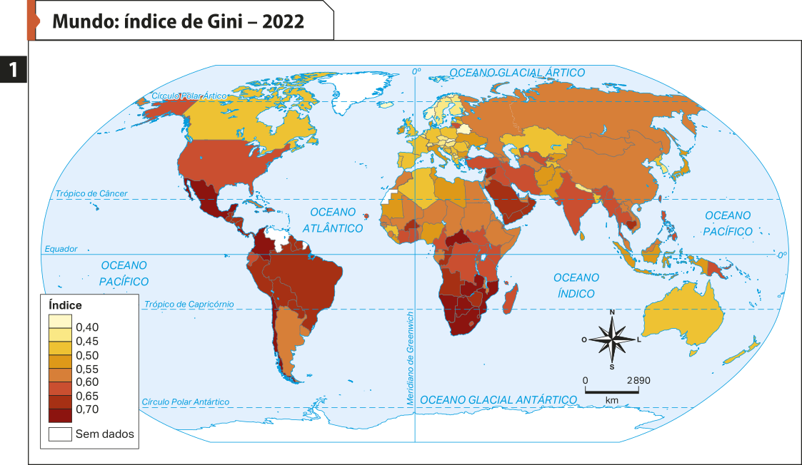 Mapa um 'Mundo: índice de Gini – 2022'. Conforme a legenda, os dados são os seguintes: Índice. 0,40: Bielorrússia, Islândia, Noruega, Suécia e Finlândia. 0,45: Canadá, Portugal, Espanha, Reino Unido, França, Alemanha, Polônia, Cazaquistão e Argélia. 0,50: Líbia, Nigéria, Mauritânia, Austrália, Nova Zelândia, Paquistão e Afeganistão. 0,55: Egito, Sudão, Etiópia, Argentina, Uruguai, Níger, Mali, Somália, Rússia, China, Mongólia, Vietnã e Indonésia. 0,60: Estados Unidos, República Democrática do Congo, Tanzânia, Quênia, Sudão do Sul, Papua-Nova-Guiné, Índia, Irã, Iraque e Turquia. 0,65: Brasil, Peru, Bolívia, Paraguai, Angola, Zimbábue, Arábia Saudita, Iêmen e Omã. 0,70: Chile, México, Colômbia, África do Sul, Moçambique, Botsuana e República Centro-africana. Sem dados: Antártida, Groenlândia, Venezuela e Saara Ocidental.