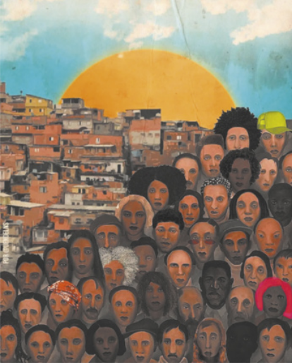Imagem de homens e mulheres negros. Eles estão reunidos em um local inclinado e com muitas moradias. Essas pessoas juntas formam uma pirâmide, onde muitos estão na base e a ponta não está aparente.