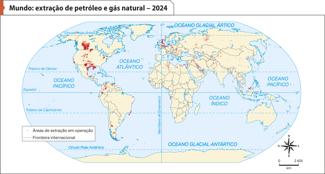 Mapa 'Mundo: extração de petróleo e gás natural – 2024'. Conforme a legenda, os dados são os seguintes: Áreas de extração em operação: maior concentração no centro e sul da América do Norte. No norte, sul e litoral leste da América do Sul. No norte da Europa. No norte e sudeste da Ásia e, também, no leste do Oriente Médio.
