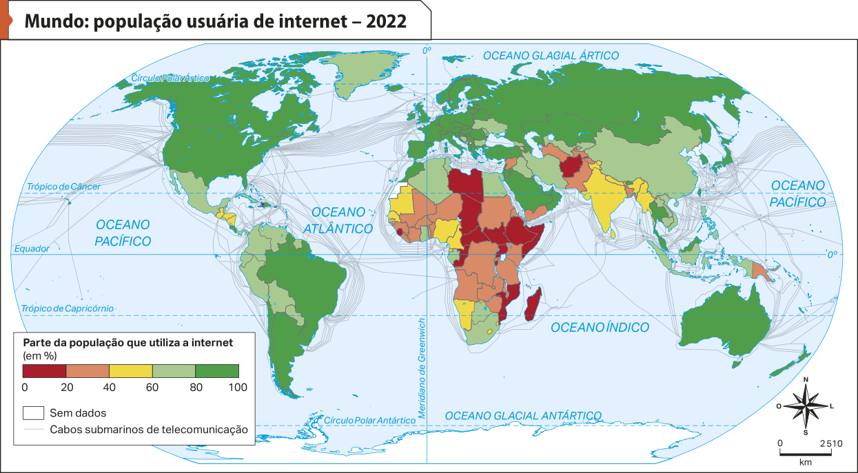 Mapa 'Mundo: população usuária de internet – 2022'. Segundo a legenda, os dados são os seguintes: Parte da população que utiliza a internet (percentual). Zero a 20 por cento: Afeganistão, Líbia, Chade, Etiópia, Somália, Madagascar e Moçambique. 20 a 40 por cento: Mali, Níger, República Democrática do Congo, Sudão, Angola, Zâmbia, Paquistão, Síria, Iêmen e Papua-Nova Guiné. 40 a 60 por cento: Guatemala, El Salvador, Honduras, Nicarágua, Mauritânia, Senegal, Namíbia, Índia, Myanmar, Nepal. 60 a 80 por cento: México, Panamá, Colômbia, Venezuela, Equador, Peru, Bolívia, Paraguai, Argélia, Egito, Tunísia, África do Sul, Botsuana, Iraque, Irã, Ucrânia, China, Indonésia.  80 a 100 por cento: Canadá, Estados Unidos, Brasil, Argentina, Chile, Uruguai, Marrocos, Portugal, Espanha, França, Inglaterra, Alemanha, Itália, Polônia, Noruega, Suécia, Suíça, Turquia, Arábia Saudita, Rússia, Mongólia, Austrália, Nova Zelândia e Tailândia. Sem dados: Antártida. Cabos submarinos de telecomunicação: conectam diferentes localidades nos continentes americano, africano, europeu, asiático e na Oceania.