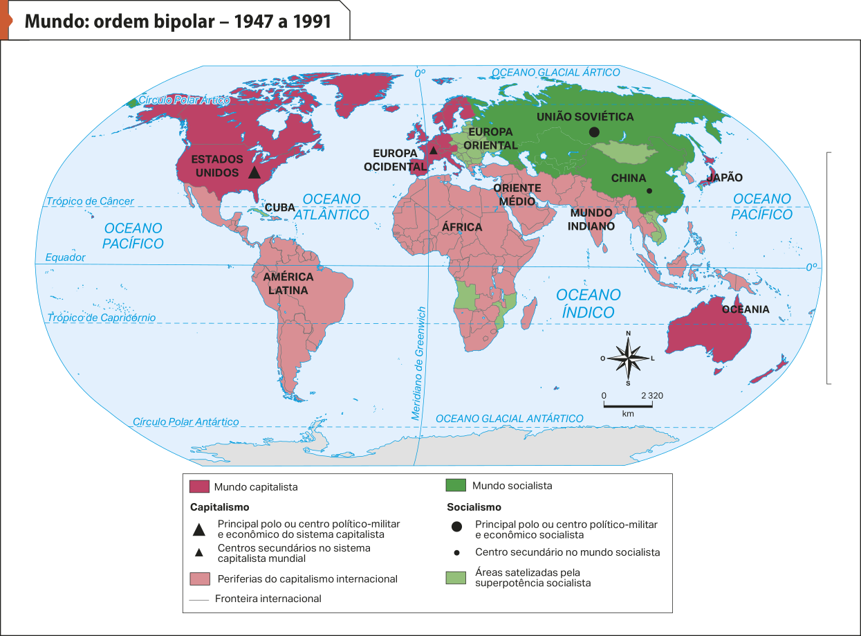 Mapa 'Mundo: ordem bipolar – 1947 a 1991'. Conforme a legenda, os dados são os seguintes: Mundo capitalista: Estados Unidos, Europa Ocidental, Japão e Oceania. Principal polo ou centro político-militar e econômico do sistema capitalista: Estados Unidos. Centros secundários no sistema capitalista mundial: Europa. Periferias do capitalismo internacional: maioria da América Latina, maior parte do continente africano, Oriente Médio, Mundo Indiano e sudeste da Ásia. Mundo socialista: União Soviética e China. Principal polo ou centro político-militar e econômico socialista: União Soviética. Centro secundário no mundo socialista: China. Áreas satelizadas pela superpotência socialista: Cuba, Europa Oriental, Angola, Moçambique, Vietnã, Laos, Camboja, Mongólia e Coreia do Norte.