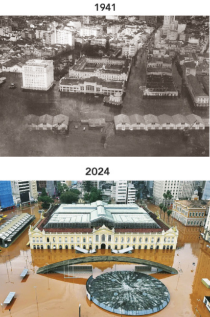 Conjunto de duas fotos que apresentam a cidade de Porto Alegre em 1941 e 2024. Nas duas fotos a cidade está alagada.
