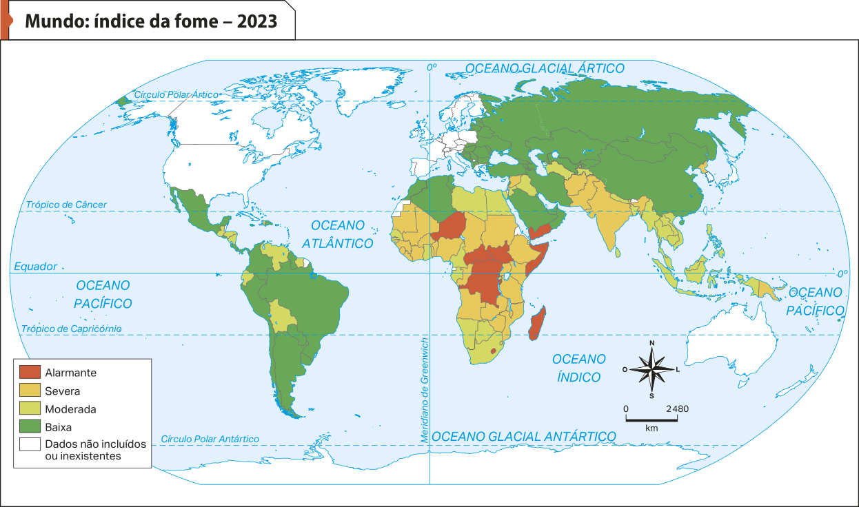 Mapa 'Mundo: índice da fome – 2023'. Conforme a legenda, os dados são os seguintes: Alarmante: destacam-se países como Níger, República Democrática do Congo, República Centro-Africana, Sudão do Sul, Somália, Madagascar e Iêmen. Severa: destacam-se países como Mauritânia, Mali, Nigéria, Costa do Marfim, Angola, Moçambique, Tanzânia, Sudão, Etiópia, Chade, Síria, Índia, Paquistão, Afeganistão, Coreia do Norte e Papua-Nova-Guiné. Moderada: destacam-se países como Guatemala, Honduras, Nicarágua, Venezuela, Suriname, Equador, Bolívia, Líbia, Egito, Camarões, Namíbia, Botsuana, África do Sul, Gabão, Iraque, Turcomenistão, Myanmar, Tailândia, Vietnã e Indonésia. Baixa: destacam-se países como México, Colômbia, Guiana, Peru, Brasil, Paraguai, Argentina, Chile, Uruguai, Marrocos, Argélia, Arábia Saudita, Irã, Turquia, Rússia, ucrânia, Romênia, Bulgária, Hungria, Bielorrússia, Cazaquistão, Mongólia e China. Dados não incluídos ou inexistentes: destacam-se países como Canadá, Estados Unidos, Portugal, Espanha, Reino Unido, Irlanda, França, Itália, Alemanha, Japão, Coreia do Sul e Austrália.