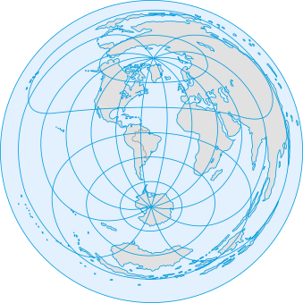 Projeção cartográfica que apresenta as distâncias entre áreas no continente americano. Os demais continentes apresentam distorções.