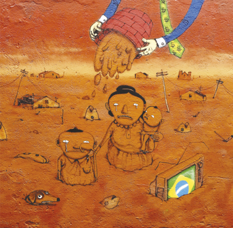 Grafite que apresenta uma mulher e duas crianças. Eles estão em um local coberto por lama, onde casas, eletrodomésticos e animais estão soterrados. Eles choram enquanto uma pessoa joga mais lama no local. Essa pessoa usa terno e gravata, com o símbolo de cifrões.