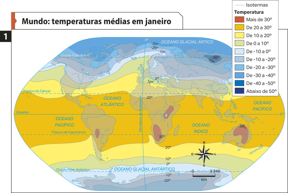 Mapa um 'Mundo: temperaturas médias em janeiro'. Conforme a legenda, os dados são os seguintes: Linhas isotermas demarcam diferentes localidades que possuem a mesma média de temperatura. As médias de temperatura são as seguintes: Mais de 30 graus: áreas no centro da América do Sul, no centro e no sul da África, no centro e no norte da Oceania. De 20 a 30 graus: áreas ao redor da linha do Equador e entre os trópicos de Capricórnio e Câncer. De 10 a 20 graus: áreas ao redor e ao norte do Trópico de Câncer e, também  ao redor e ao sul do Trópico de Capricórnio. De zero a 10 graus: áreas ao norte do Trópico de Câncer e ao redor do Círculo Polar Antártico. De menos 10 a zero grau: áreas ao norte do Trópico de Câncer e ao redor do Círculo Polar Antártico. De menos 10 a menos 20 graus: áreas ao norte do Trópico de Câncer, nas proximidades do Círculo Polar Ártico e ao redor do Círculo Polar Antártico. De menos 20 a menos 30: áreas ao redor do Círculo Polar Ártico. De menos 30 a menos 40 graus: áreas ao redor do Círculo Polar Ártico. De menos 40 a menos 50 graus: localidades no extremo nordeste da Ásia. Abaixo de 50 graus: localidades no extremo nordeste da Ásia.