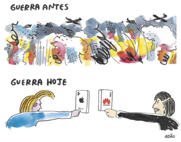 Charge. Primeiro, apresenta-se a 'Guerra Antes', com bombardeios, casas e prédios em chamas. Em seguida, expõe-se a 'guerra hoje'. As autoridades políticas da China e dos Estados Unidos se encaram e mostram marcas de celular um para o outro.