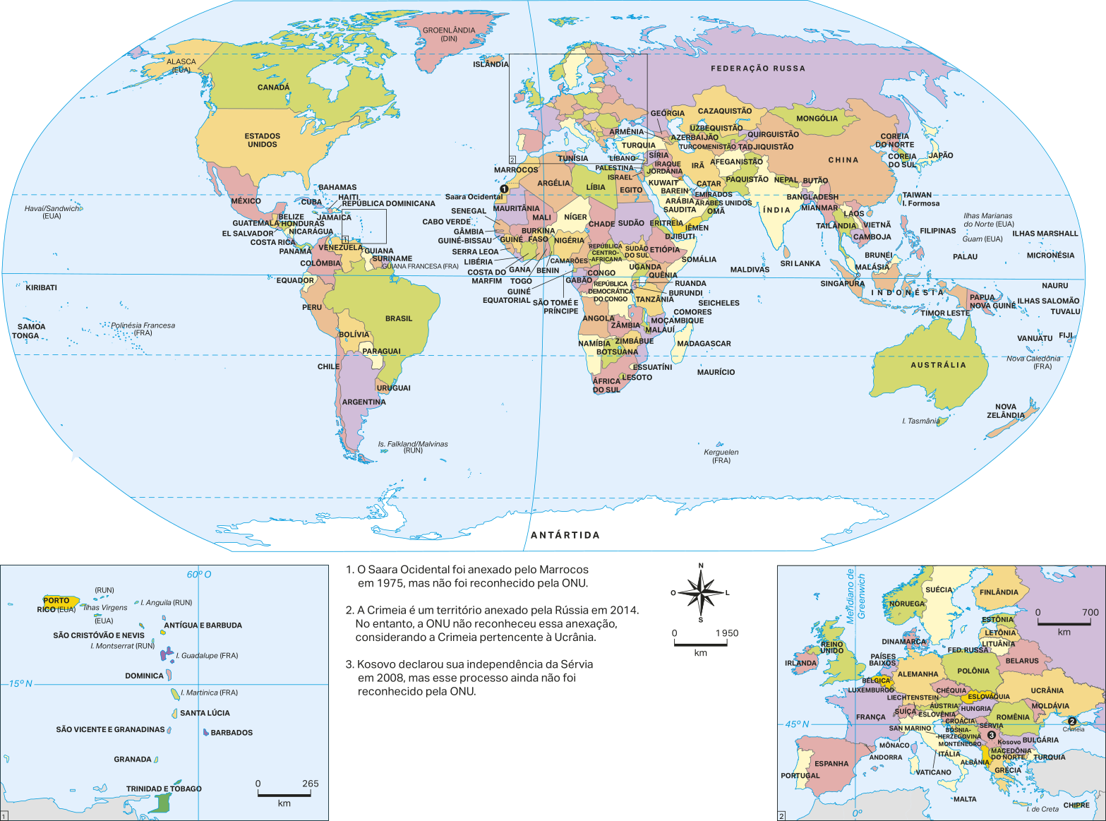 Mapa que apresenta os sete continentes e as fronteiras entre os países e, também, para o continente europeu e ilhas do caribe.