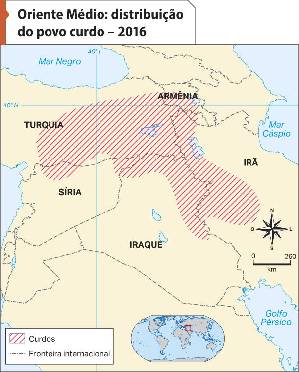 Mapa 'Oriente Médio: distribuição do povo curdo – 2016'. Segundo a legenda, os dados são os seguintes: Curdos: ocupam áreas no interior da Turquia, Síria, Iraque, Armênia e Irã.