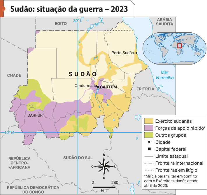 Mapa 'Sudão: situação da guerra – 2023'. Conforme a legenda, os dados são os seguintes: Exército sudanês: áreas no sul, sudeste e leste do país. Forças de apoio rápido, ou seja, milícia paramilitar em conflito com o Exército sudanês desde abril de 2023: localidade de Darfur no sudoeste do território. Também se destacam áreas no centro do país, onde está a capital Cartum e a cidade de Omdurman. Outros grupos: áreas no oeste e sul do território.