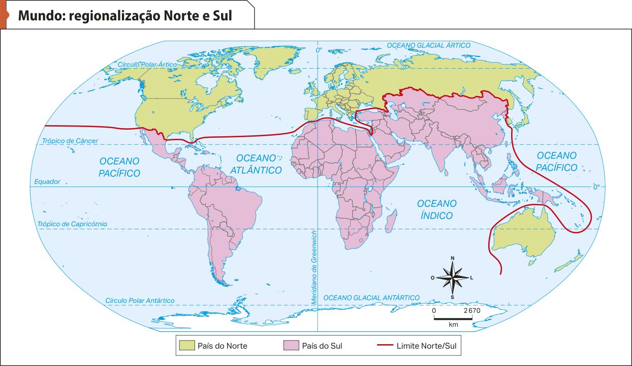 Mapa 'Mundo: regionalização Norte e Sul'. Conforme a legenda, os dados são os seguintes: Linha Norte-Sul: atravessa o planeta de leste a oeste, passando pelos seguintes locais: fronteira sul dos Estados Unidos, Mar Mediterrâneo, fronteira sul da Armênia, do Azerbaijão e da Rússia. Essa linha também passa pelo mar a oeste do Japão, incluindo-o como país do norte, assim como, segue para o sul, incluindo a Austrália. País do Norte: localizados ao norte da linha Norte-Sul, também incluem o Japão, a Austrália e a Nova Zelândia.