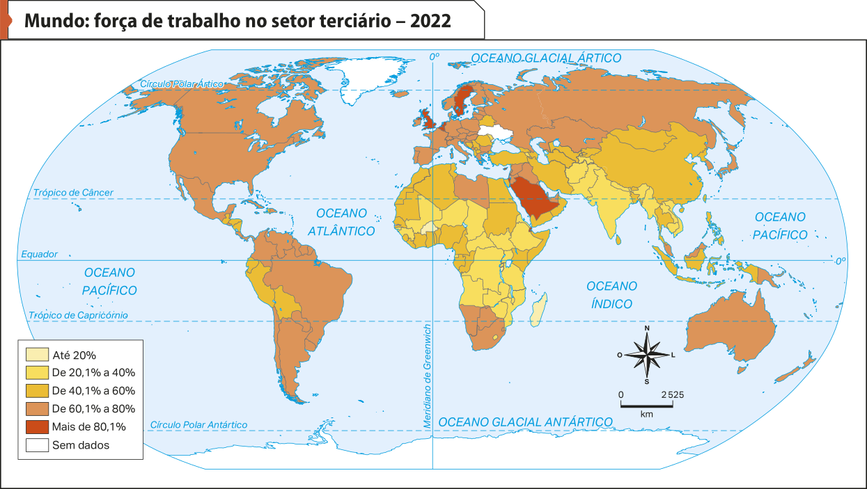 Mapa 'Mundo: força de trabalho no setor terciário – 2022'. Conforme a legenda, os dados são os seguintes: Até 20 por cento: Burkina Faso. De 20,1 por cento a 40 por cento: Mali, Níger, Chade, República Centro-africana, República Democrática do Congo, Tanzânia, Moçambique, Zâmbia, Etiópia, Angola, Zimbábue, Afeganistão, Paquistão, Índia, Myanmar, Vietnã e Camboja. De 40,1 por cento a 60 por cento: Guatemala, Honduras, Nicarágua, Argélia, Marrocos, Mauritânia, Egito, Sudão, Somália, Quênia, Nigéria, Camarões, Costa do Marfim, Benin, Congo, China, Mongólia, Tailândia, Indonésia, Irã e Turquia. De 60,1 por cento a 80 por cento: Canadá, Estados Unidos, México, Colômbia, Brasil, Venezuela, Argentina, Uruguai, Chile, Paraguai, Namíbia, África do Sul, Botsuana, Austrália, Nova Zelândia, Japão, Coreia do Sul, Rússia, Cazaquistão, Síria e Iraque.  Mais de 80,1 por cento: Arábia Saudita, Reino Unido e Suécia. Sem dados: Antártida, Groenlândia e Ucrânia.
