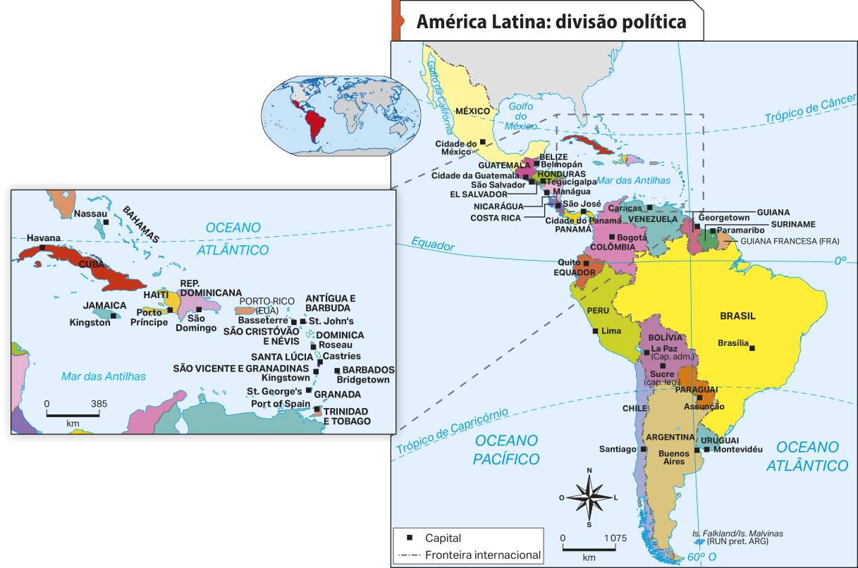 Mapa 'América Latina: divisão política'. Destacam-se os países e suas capitais: Argentina, capital: Buenos Aires. Bolívia, capital: Sucre (capital legislativa) e La Paz (capital administrativa) Brasil, capital: Brasília. Antígua e Barbuda, capital: Saint John's Bahamas, capital: Nassau. Barbados, capital: Bridgetown. Dominica, capital: Roseau. Granada, capital: Saint George's. Haiti, capital: Porto Príncipe. Santa Lúcia, capital: Castries. São Cristóvão e Neves, capital: Basseterre. São Vicente e Granadinas, capital: Kingstown. Trinidad e Tobago, capital: Porto Espanha. Chile, capital: Santiago. Colômbia, capital: Bogotá. Costa Rica, capital: San José. Cuba, capital: Havana. República Dominicana, capital: Santo Domingo. Equador, capital: Quito. El Salvador, capital: San Salvador. Guatemala, capital: Cidade da Guatemala. Haiti, capital: Porto Príncipe. Honduras, capital: Tegucigalpa. Jamaica, capital: Kingston. México, capital: Cidade do México. Nicarágua, capital: Manágua. Panamá, capital: Cidade do Panamá. Paraguai, capital: Assunção. Peru, capital: Lima. Porto Rico (Estados Unidos), capital: San Juan. Uruguai, capital: Montevidéu. Venezuela, capital: Caracas.