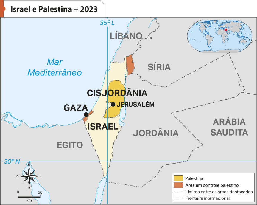 Mapa 'Israel e Palestina – 2023'. Conforme a legenda, os dados são os seguintes: Palestina: Cisjordânia, no leste do território, onde está Jerusalém. Área em controle palestino: Gaza, no sudoeste do território.
