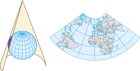 Conjunto de duas projeções cartográficas. A primeira apresenta um mapa em projeção cônica. Na segunda, os continentes e oceanos são apresentados na forma de um leque.