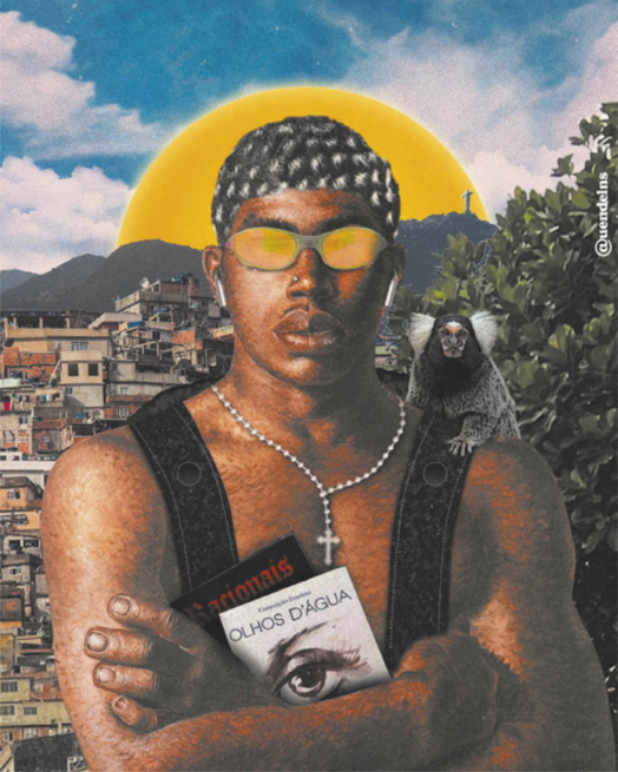 Imagem de homem negro. Ele está sem camisa, com os braços cruzados, usa mochila, óculos escuros e segura o livro 'Olhos d'água' e um álbuns dos Racionais MC's. Ao fundo, encontram-se moradias e uma floresta.