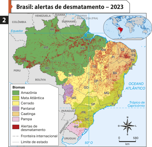 Mapa dois 'Brasil: alertas de desmatamento – 2023'. Conforme a legenda, os dados são os seguintes: Amazônia: extensas áreas nos estados do Acre, Amazonas, Rondônia, sul de Roraima, Pará, Amapá e norte do Mato Grosso. Mata Atlântica: localidade na Paraíba, Pernambuco, Alagoas, Sergipe, Bahia, Espírito Santo, Rio de Janeiro, São Paulo, Paraná e Santa Catarina. E, também, no leste de Minas Gerais e norte do Rio Grande do Sul. Cerrado: áreas no Mato Grosso, Goiás, Distrito Federal, Tocantins, Piauí, Ceará, Rio Grande do Norte, Paraíba, Pernambuco, Bahia, Minas Gerais, Mato Grosso do Sul e norte de São Paulo. Pantanal: localidade no oeste do Mato Grosso do Sul e sudoeste do Mato Grosso.  Caatinga: áreas no interior do Ceará, Bahia, Rio Grande do Norte, Paraíba, Pernambuco e Alagoas. Pampa: áreas no Rio Grande do Sul. Alertas de desmatamento: mais concentração no bioma Amazônia, no Cerrado e na Caatinga.