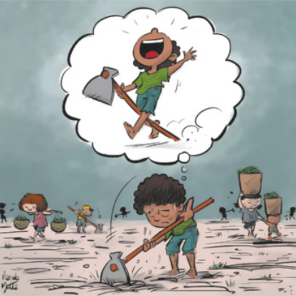 Charge. Crianças estão trabalhando no campo. Destaca-se um menino, que trabalha com uma enxada. Enquanto isso, ele sonha em estar brincando.