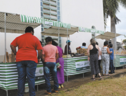 Foto de pessoas observando produtos expostos para venda em barracas.