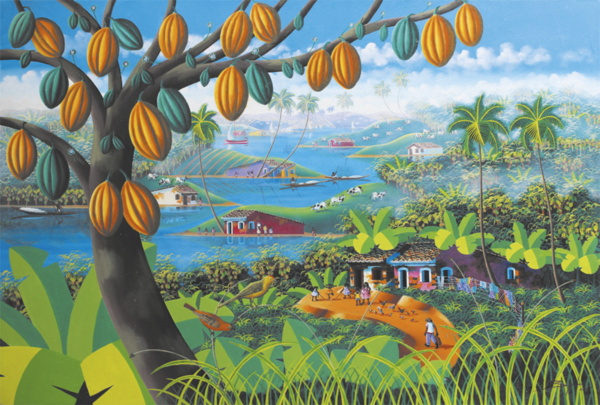 Pintura representando moradias em meio à vegetação e nas margens de um rio. Também se destaca uma árvore de cacau. Há pessoas navegando, pescando e, também, há criação de animais.