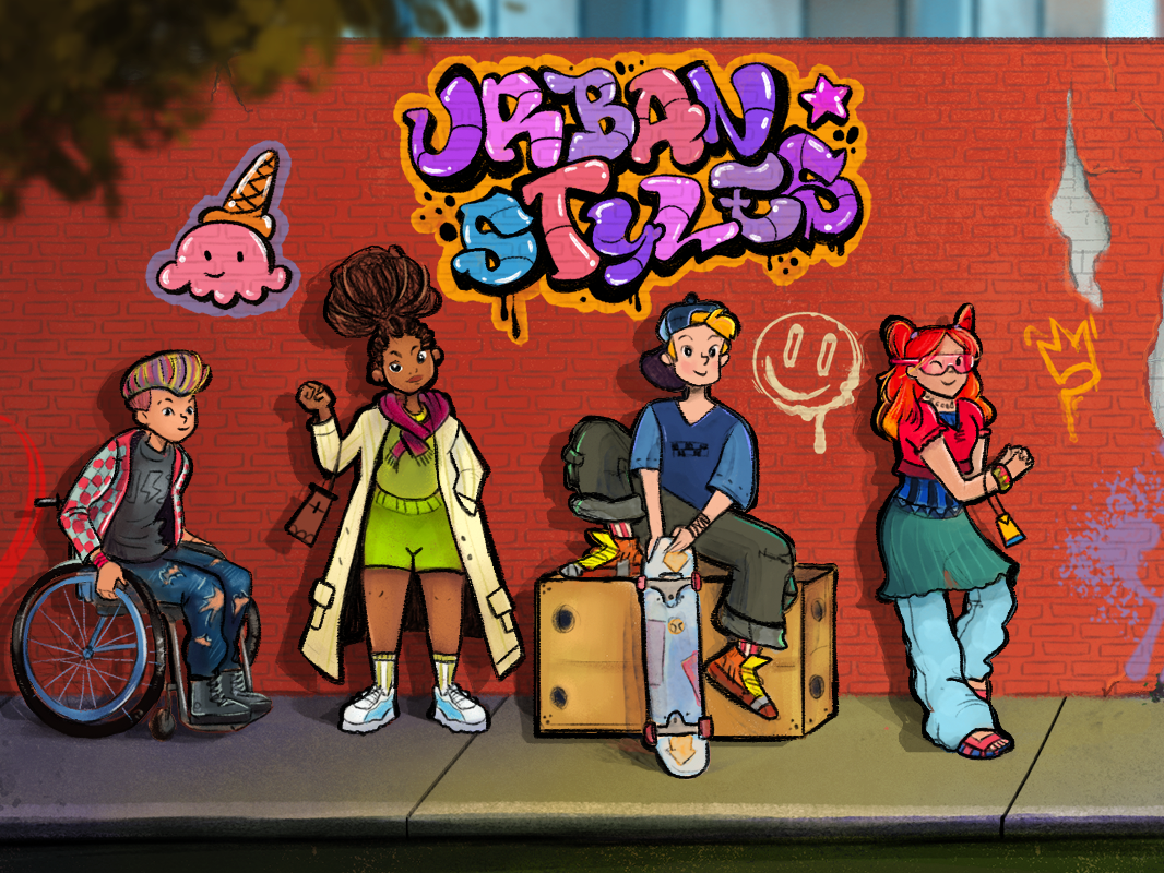 Ilustração de quatro jovens em frente a um muro com grafites. Da esquerda para direita, há um menino em uma cadeira de rodas. Ele tem o cabelo colorido, usa camisa xadrez, calça com rasgos e bota. Ao lado, uma menina de cabelos afro amarrados em um coque alto. Ela usa lenço no pescoço, conjunto esportivo com shorts, um casaco longo por cima, meias altas e tênis. Ao lado dela, um menino está sentado em uma caixa de madeira segurando um skate. Ele é loiro, usa boné com aba para trás, camiseta, calça e tênis. Ao lado dele, há uma menina de cabelos longos coloridos, presos nas laterais. Ela usa óculos, colar, blusa, saia, calça e sandália. No muro, há um desenho semelhante a uma casquinha de sorvete de ponta-cabeça, um emoji sorridente e a frase em inglês: Urban styles.