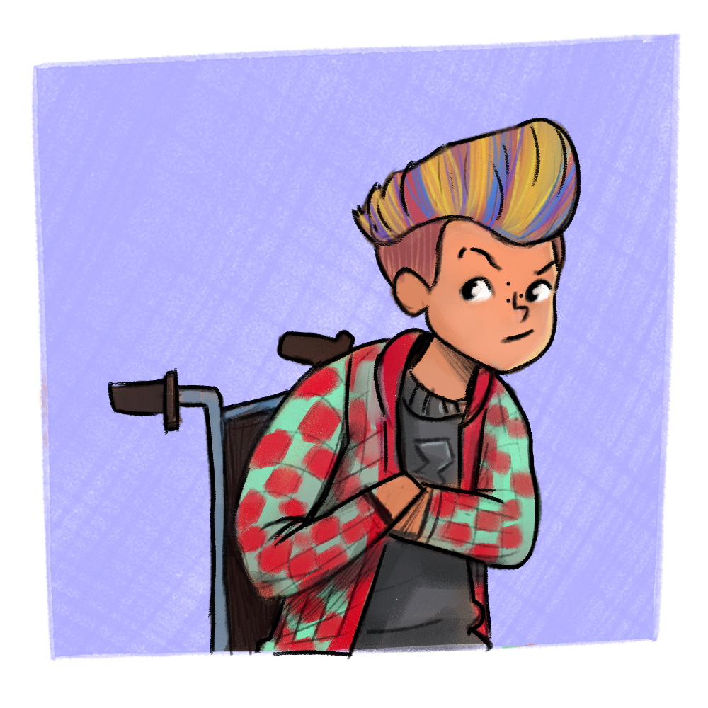 Ilustração de um menino de cabelo colorido em uma cadeira de rodas. Ele está com a sobrancelha arqueada e olhando de lado, como se estivesse desconfiado. Ele usa camisa xadrez nas cores verde e vermelho com uma camiseta preta por baixo.