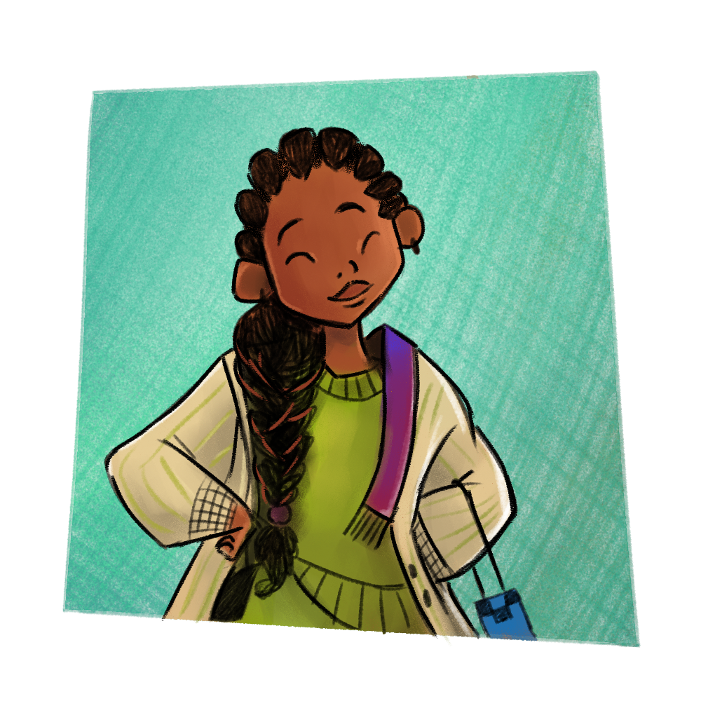 Ilustração de uma menina de cabelos afro. Ela está de olhos fechados e seus cabelos estão presos em uma trança voltada para a frente do corpo. Está usando lenço, conjunto verde esportivo com casaco branco por cima e uma bolsa pendurada no braço esquerdo.