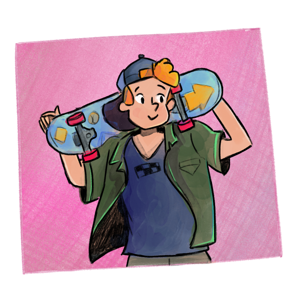 Ilustração de um menino loiro de boné. Ele está em pé sorrindo e segura um skate atrás do pescoço. Usa o boné com a aba virada para trás, uma camiseta azul e uma camisa verde por cima.
