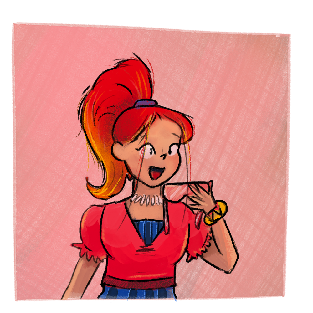 Ilustração de uma menina de cabelos coloridos em tons avermelhados, amarrados em um rabo de cavalo. Ela está sorrindo, segurando óculos de cor rosa com sua mão esquerda. A menina usa colar, pulseira e blusa vermelha de mangas curtas sobre uma peça na cor azul.