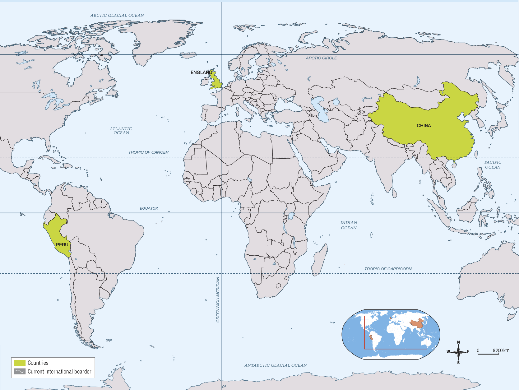Mapa-múndi com os limites internacionais e alguns países em destaque. Na América do Sul, o Peru está destacado; na Europa, a Inglaterra está destacada; e, na Ásia, a China está em destaque. No mapa, também estão indicadas as linhas dos paralelos, meridianos e os oceanos Pacífico, Índico, Atlântico e Glacial Ártico. No canto inferior direito, há um planisfério com os mesmos países em destaque.