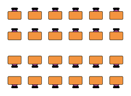 Ilustração de 24 carteiras escolares divididas em dois grupos virados de frente um para o outro. Cada grupo está organizado em duas fileiras com 6 carteiras em cada uma.