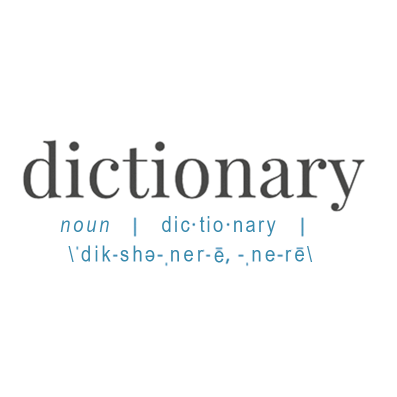 Ilustração de parte de uma página de um dicionário. Nela, a palavra em inglês: dictionary, está em destaque. Abaixo dela, a palavra está dividida em sílabas: dic·tion·ary. Também há informação noun e a transcrição fonética do inglês.