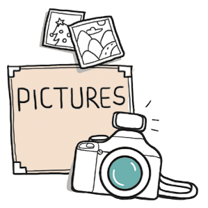 Ilustração de uma câmera fotográfica, um quadro escrito: PICTURES e dois desenhos, um de uma árvore de Natal e outro de uma estrada entre montanhas.