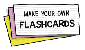 Ilustração de papéis coloridos escrito em inglês: MAKE YOUR OWN FLASHCARDS.