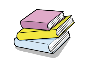 Ilustração de três livros empilhados.