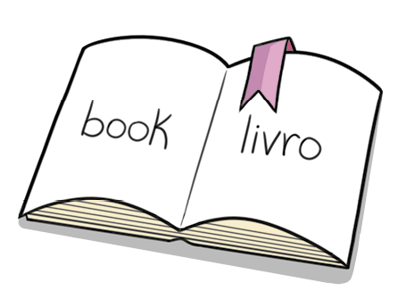 Ilustração de um livro aberto nas páginas escritas: BOOK e LIVRO.