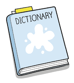 Ilustração de um dicionário fechado escrito na capa em inglês: Dictionary.