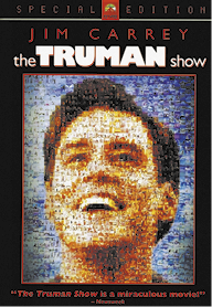 Cartaz do filme intitulado em inglês: The Truman Show, estrelado por Jim Carrey, com o texto: Special Edition, no topo. Há um retrato composto por um mosaico de várias imagens menores retratando o rosto de um homem sorrindo olhando para cima.