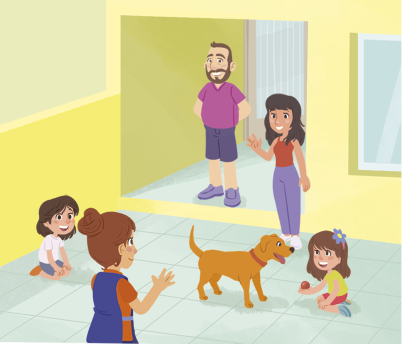 Ilustração de duas crianças brincando com um cachorro marrom próximo de alguns adultos. No centro, está o cachorro próximo de uma criança, agachada no chão segurando uma bolinha. Do outro lado está outra criança agachado no chão. Próximo a eles, vista de costas está uma mulher de jaleco. E ao fundo, estão um homem e uma mulher observando, e a mulher está acenando com a mão.