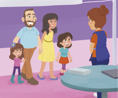 Ilustração de uma mulher de jaleco de frente para um homem ao lado de uma mulher e duas crianças. Todos estão sorrindo e próximo a mulher de jaleco há uma mesa com papéis.