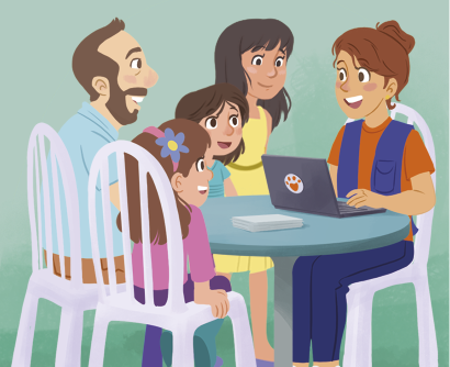 Ilustração de uma mulher de jaleco sentada diante de uma mesa com um laptop aberto, o qual possui um adesivo de pata na frente. Ao redor da mesa também estão um homem e uma mulher, e duas crianças.