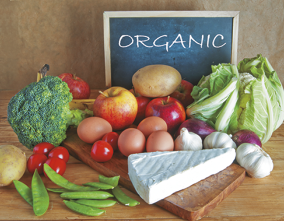 Fotografia de uma pequena lousa com a palavra escrita em inglês: Organic, posicionado sobre uma mesa e atrás de diversos alimentos. Há repolho, brócolis, tomates, maçãs, vagens, alhos, batatas, queijo e ovos.