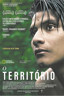 Cartaz do filme: O Território. Nela, há uma fotografia com foco no rosto de um jovem indígena olhando para o lado. Ele está com o cabelo molhado, e ao fundo há uma vegetação verde.