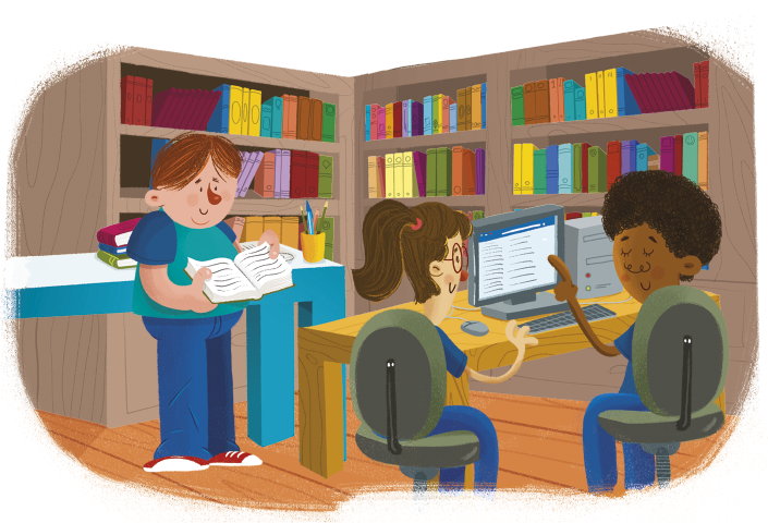 Ilustração de três crianças em uma biblioteca. À esquerda, um menino de cabelos claros está em pé segurando um livro aberto. À direita, uma menina de óculos e cabelos presos está sentada diante de uma mesa, ao lado de um menino de cabelos pretos diante de um computador. Ao fundo há estantes cheias de livros e outra mesa com livros e canetas.