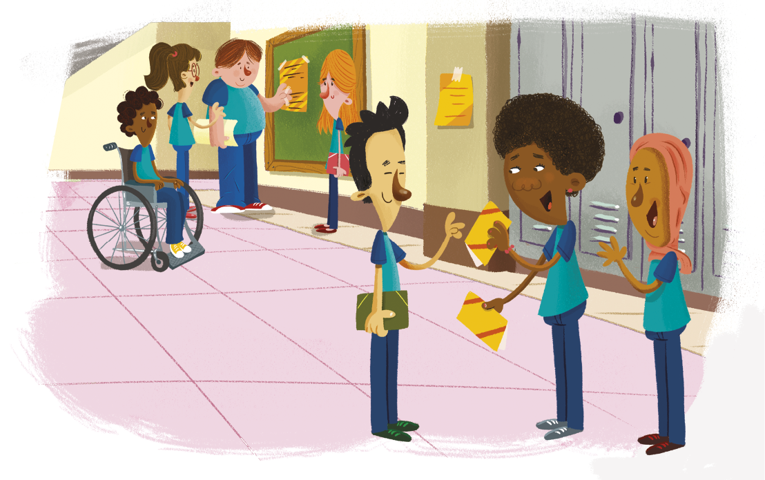 Ilustração de um corredor escolar com armários, quadros e estudantes interagindo. No centro, dois meninos conversam; um deles, de cabelo curto segura uma pasta verde, enquanto o outro, de cabelo crespo preto, entrega um envelope amarelo. Ao lado deles, está uma menina com um lenço rosa. Ao fundo, um menino em uma cadeira de rodas está ao lado de uma menina de óculos e um menino de cabelos claros que está colando um papel em um quadro. Próximo a eles também está outra menina de cabelos longos, segurando uma pasta.