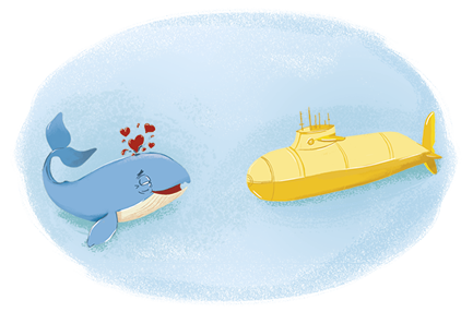 Ilustração de uma baleia azul apaixonada, com corações ao redor, olhando sorridente para um submarino amarelo em um fundo azul.