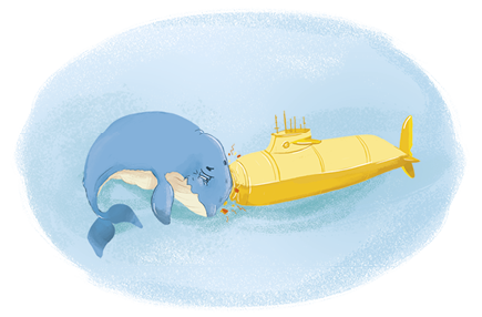 Ilustração de uma baleia azul colidindo com a cabeça em um submarino amarelo em um fundo azul.
